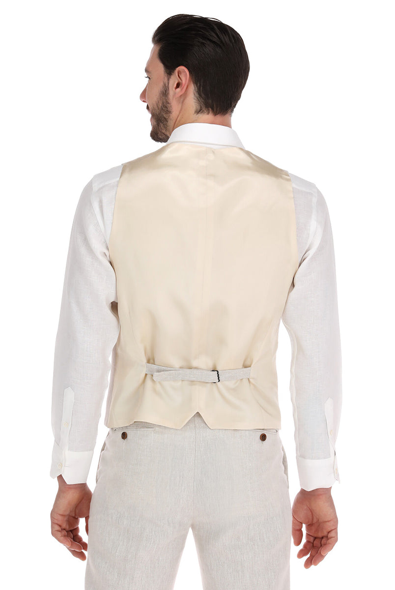 Chaleco de lino arena para hombre - vista de tres cuartos