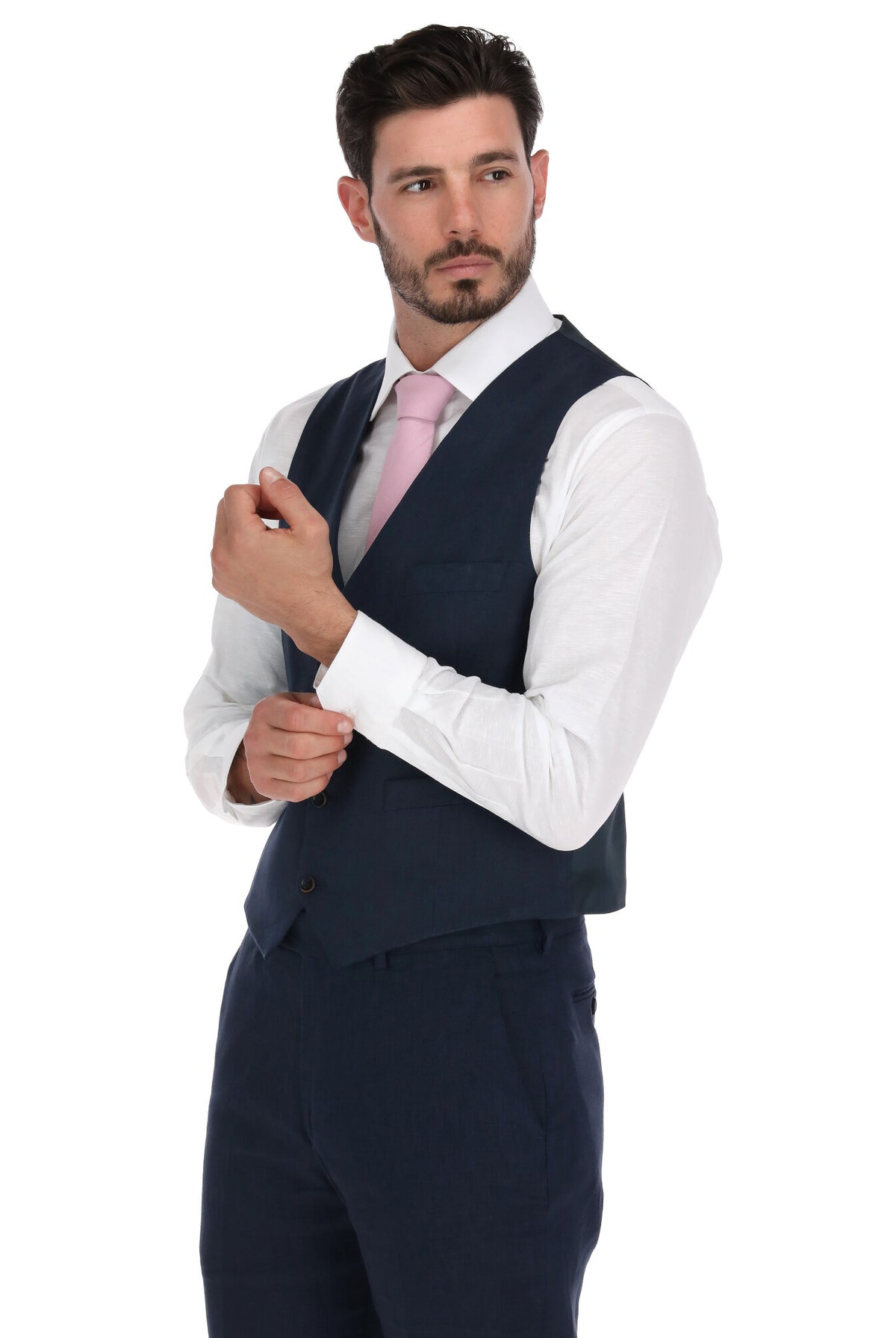 Chaleco de lino azul marino para hombre - vista trasera