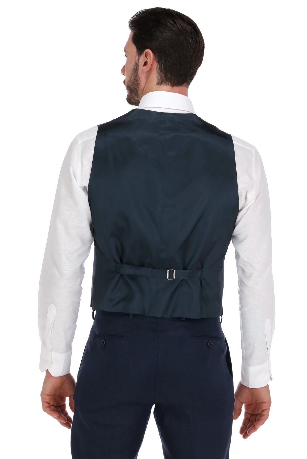 Chaleco de lino azul marino para hombre - vista de tres cuartos