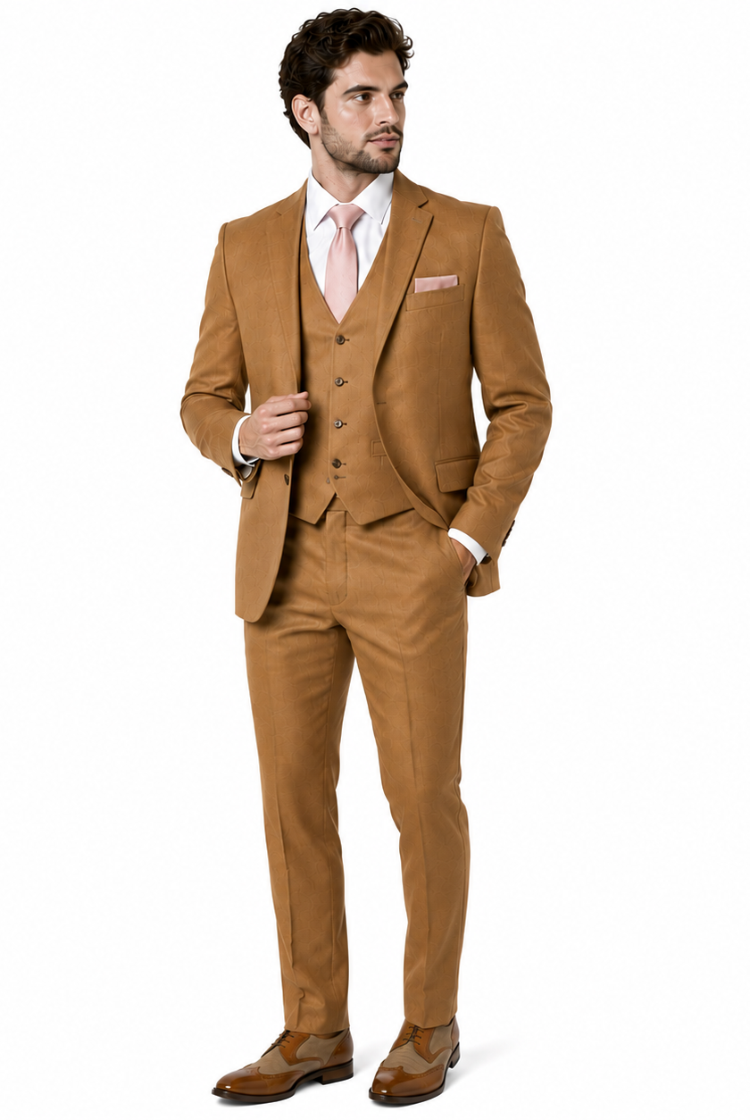 Traje de lino café tabaco para hombre - vista de tres cuartos