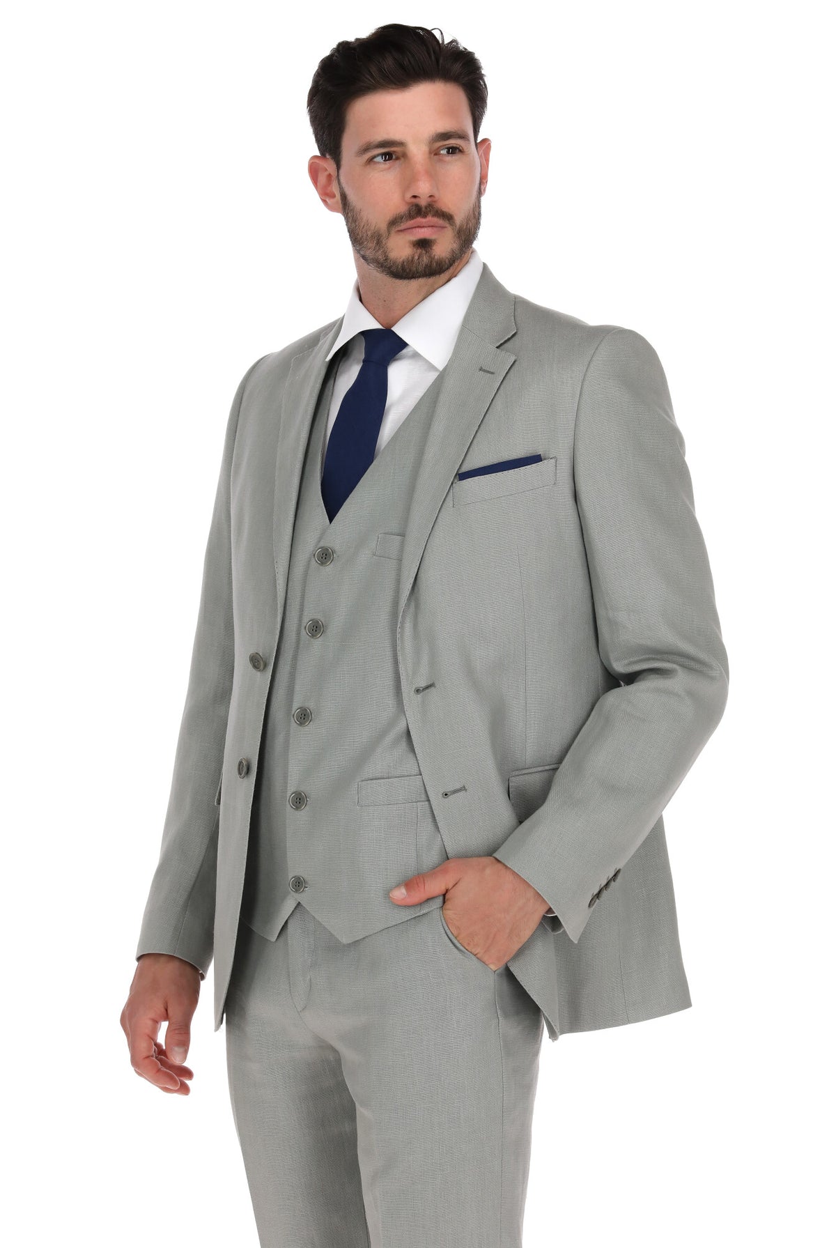 Traje de lino gris oxford para hombre - vista de tres cuartos