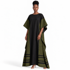 Kaftán largo negro con paneles de rebozo oaxaqueño verde olivo, vista frontal, Camasha